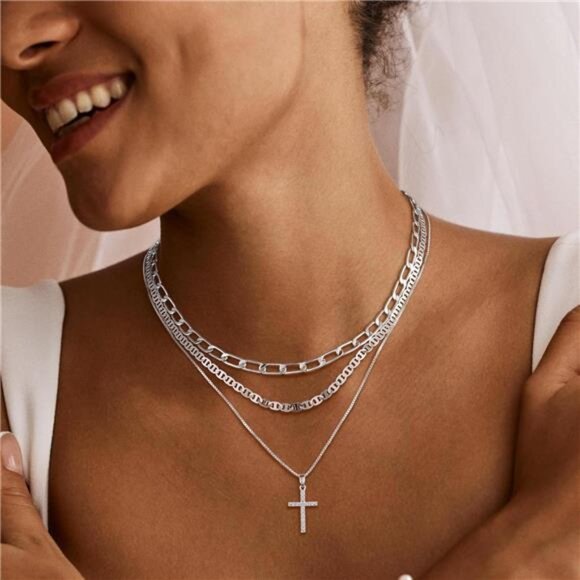 Layered Silver Chain Necklace | Zircon Cross Pendant - Picture 3 of 6